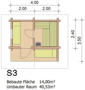 Saunahaus S3 Grundriss - 4,00 m x 2,40 m - Perr Blockhausbau